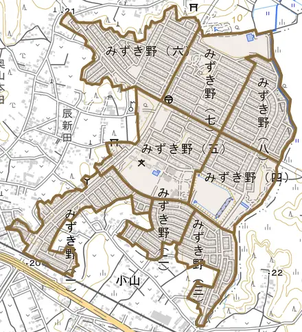 みずき野とその周辺の地図。町の範囲を重ねている