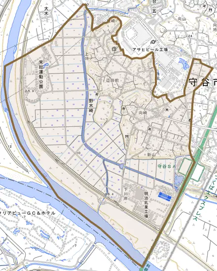野木崎とその周辺の地図。町の範囲を重ねている
