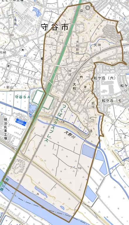大柏とその周辺の地図。町の範囲を重ねている
