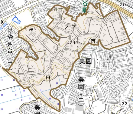 乙子とその周辺の地図。町の範囲を重ねている