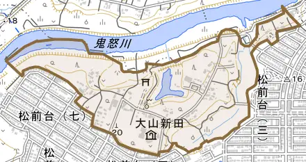 大山新田とその周辺の地図。町の範囲を重ねている