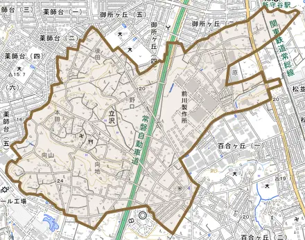 立沢とその周辺の地図。町の範囲を重ねている