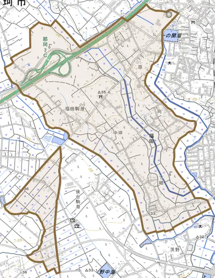 福田とその周辺の地図。町の範囲を重ねている