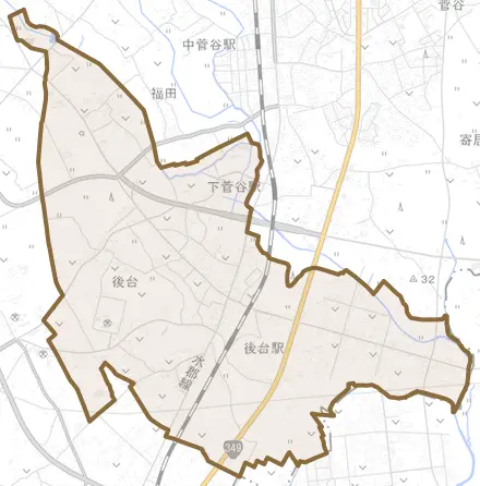 後台とその周辺の地図。町の範囲を重ねている