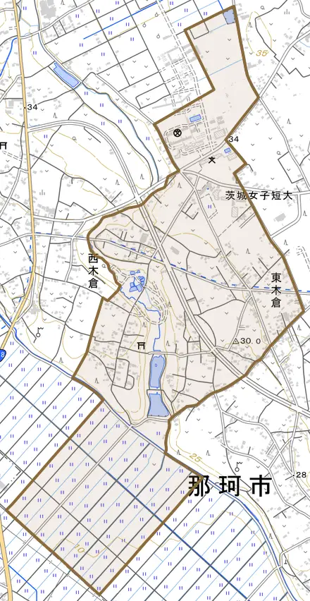 東木倉とその周辺の地図。町の範囲を重ねている