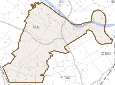 門部とその周辺の地図。町の範囲を重ねている