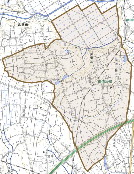 南酒出とその周辺の地図。町の範囲を重ねている