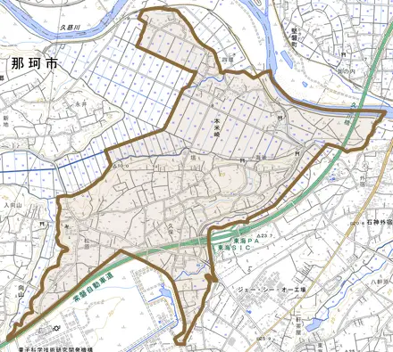 本米崎とその周辺の地図。町の範囲を重ねている