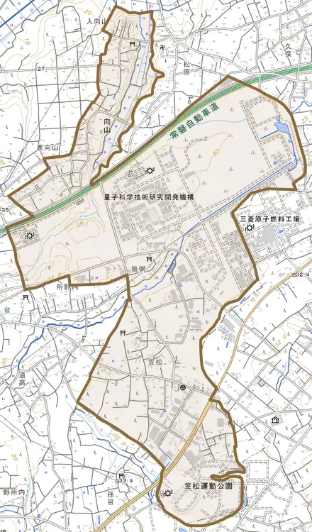 向山とその周辺の地図。町の範囲を重ねている