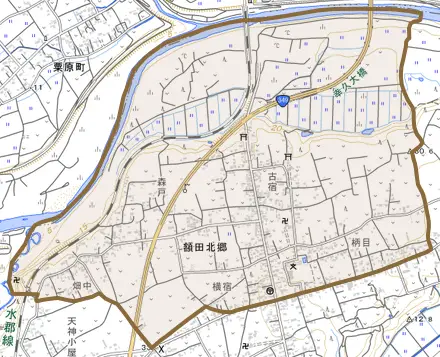 額田北郷とその周辺の地図。町の範囲を重ねている