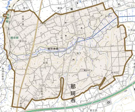 額田南郷とその周辺の地図。町の範囲を重ねている