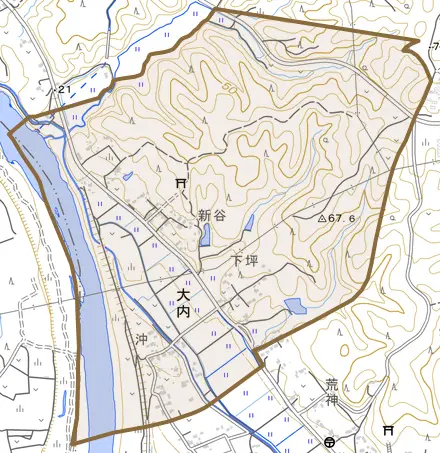 大内とその周辺の地図。町の範囲を重ねている