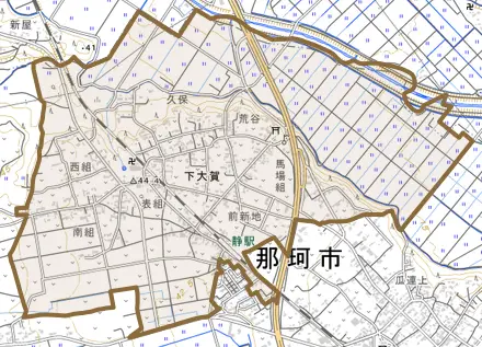 下大賀とその周辺の地図。町の範囲を重ねている