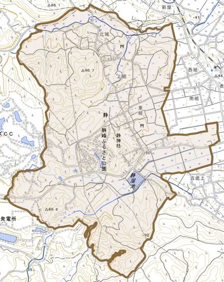 静とその周辺の地図。町の範囲を重ねている
