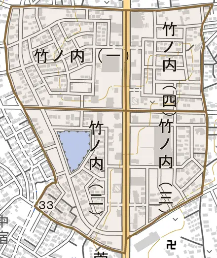 竹ノ内とその周辺の地図。町の範囲を重ねている