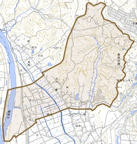 田崎とその周辺の地図。町の範囲を重ねている