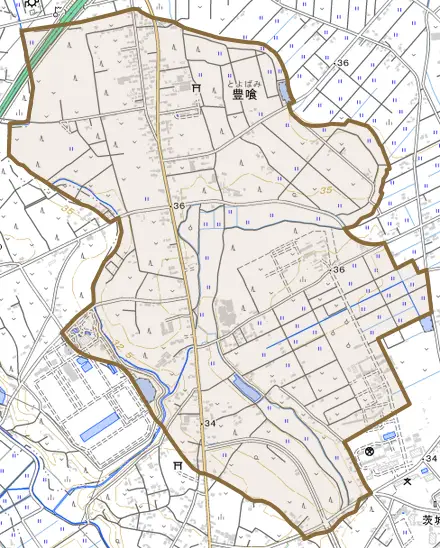 豊喰とその周辺の地図。町の範囲を重ねている