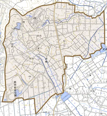 戸崎とその周辺の地図。町の範囲を重ねている