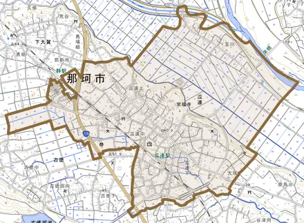 瓜連とその周辺の地図。町の範囲を重ねている
