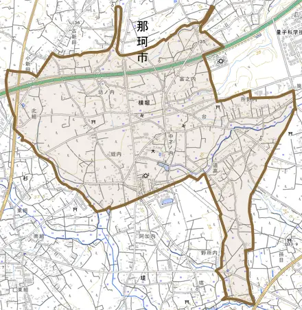 横堀とその周辺の地図。町の範囲を重ねている