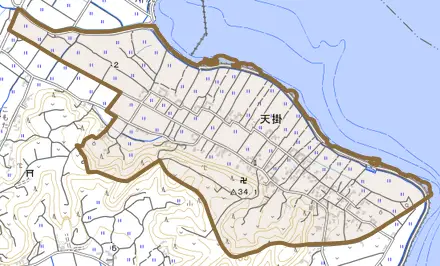 天掛とその周辺の地図。町の範囲を重ねている