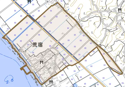 荒宿とその周辺の地図。町の範囲を重ねている