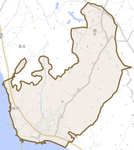 麻生とその周辺の地図。町の範囲を重ねている