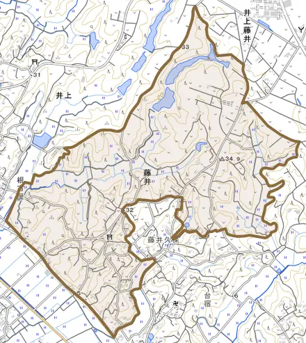 藤井とその周辺の地図。町の範囲を重ねている