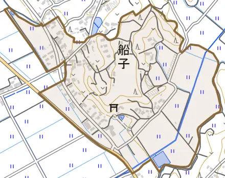 船子とその周辺の地図。町の範囲を重ねている
