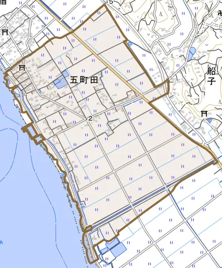 五町田とその周辺の地図。町の範囲を重ねている