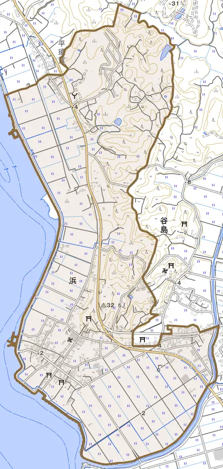 浜とその周辺の地図。町の範囲を重ねている