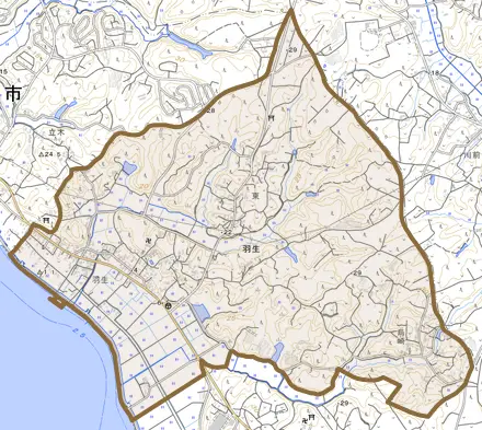 羽生とその周辺の地図。町の範囲を重ねている