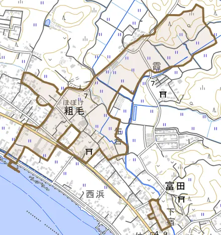 粗毛とその周辺の地図。町の範囲を重ねている