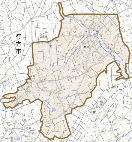 井貝とその周辺の地図。町の範囲を重ねている