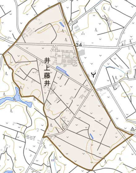 井上藤井とその周辺の地図。町の範囲を重ねている