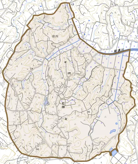 石神とその周辺の地図。町の範囲を重ねている