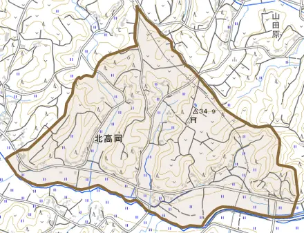 北高岡とその周辺の地図。町の範囲を重ねている
