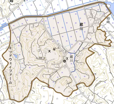蔵川とその周辺の地図。町の範囲を重ねている