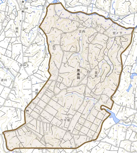 南高岡とその周辺の地図。町の範囲を重ねている