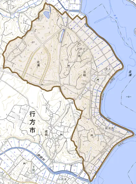 三和とその周辺の地図。町の範囲を重ねている