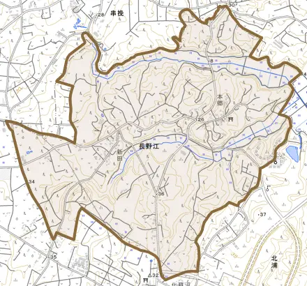 長野江とその周辺の地図。町の範囲を重ねている