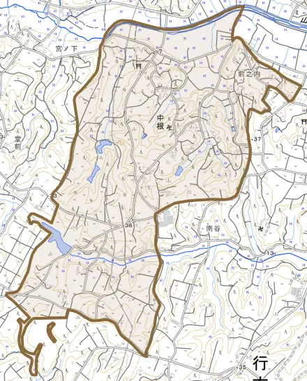 中根とその周辺の地図。町の範囲を重ねている