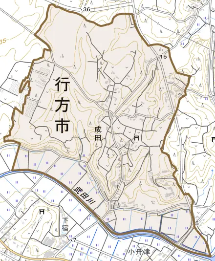 成田とその周辺の地図。町の範囲を重ねている