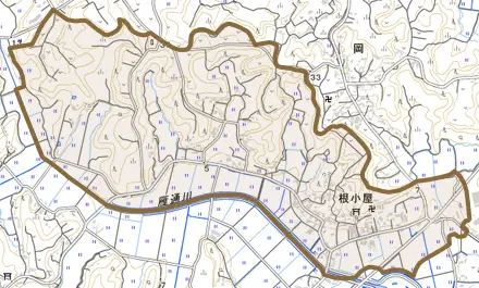 根小屋とその周辺の地図。町の範囲を重ねている