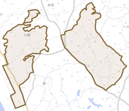 小高とその周辺の地図。町の範囲を重ねている