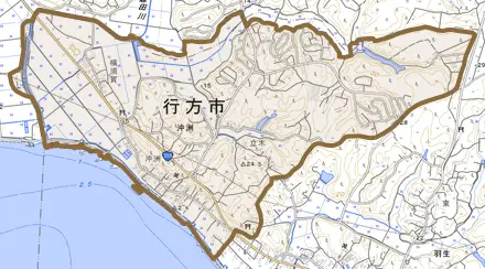 沖洲とその周辺の地図。町の範囲を重ねている