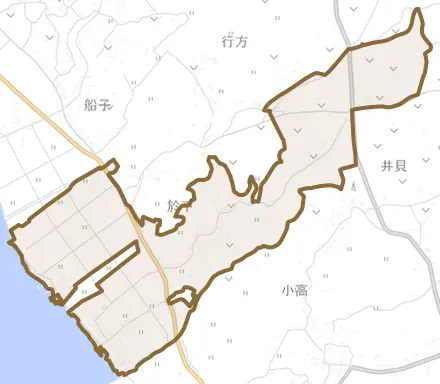 於下とその周辺の地図。町の範囲を重ねている