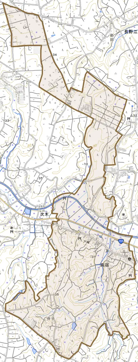両宿とその周辺の地図。町の範囲を重ねている