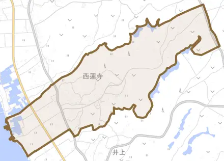 西蓮寺とその周辺の地図。町の範囲を重ねている