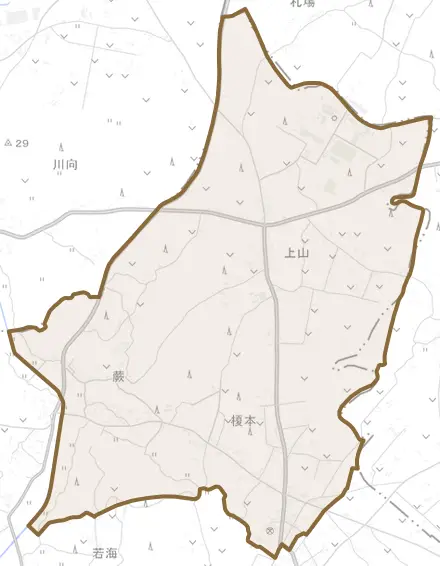 芹沢とその周辺の地図。町の範囲を重ねている
